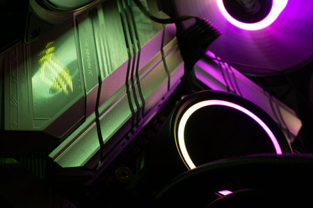 Illumination of the motherboard at night in the system unitの写真素材