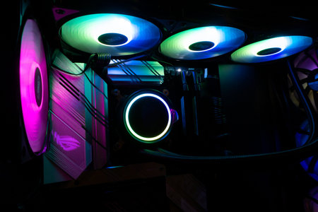 Illumination of the motherboard at night in the system unitの写真素材