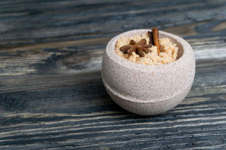 bath bombs on a dark wooden tableの写真素材