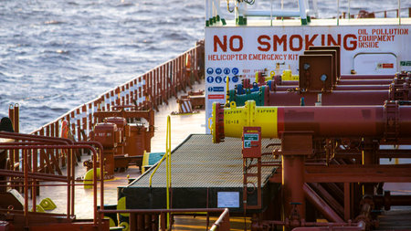 Manifold on main deck of shipの写真素材