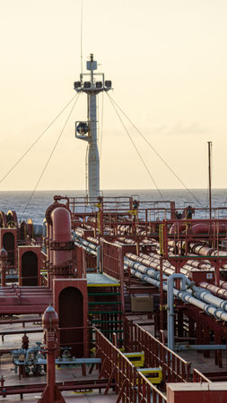 Pipe line on main deck oil tankerの写真素材