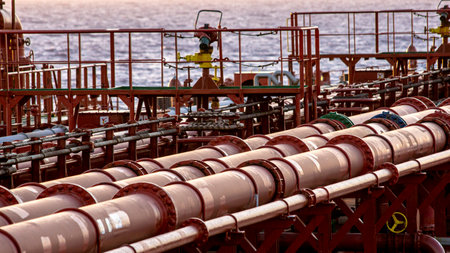 Pipe line on main deck oil tankerの写真素材