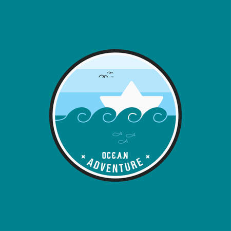 Illustration of paper boat sailing on the ocean with birds and fishes, good for adventure badge. sea sailing logo, and ocean tourism labelのイラスト素材