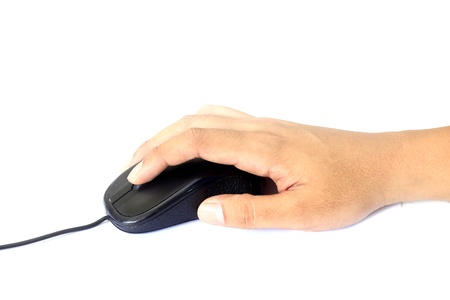 Black mouse for computer on white backgroundの写真素材