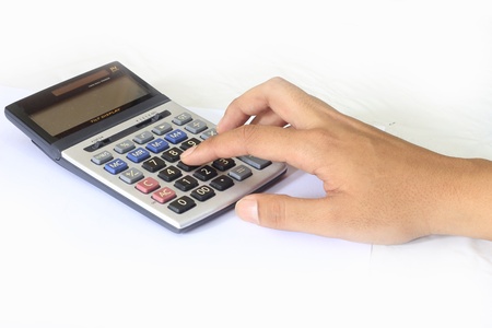 Calculator with hand on white background