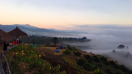 Sunrise with sea of fog at Pai Maehongson Thailandの素材