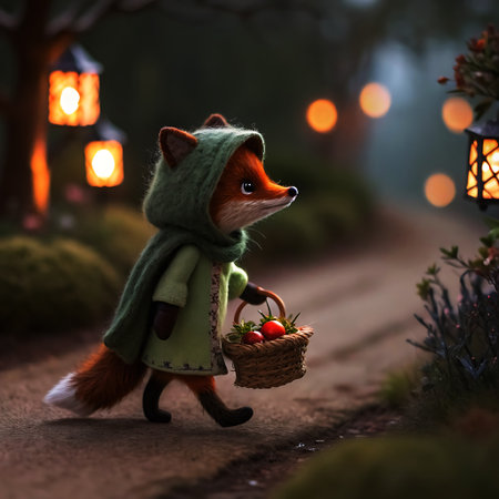 Cute little fox with basket of red apples in the forest at nightの素材