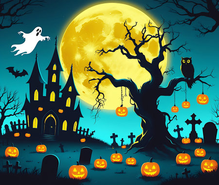 Halloween background with pumpkins, cemetery and castle. Vector illustration.の素材