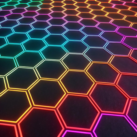 3d rendering of abstract hexagon background with glowing neon lights.の素材