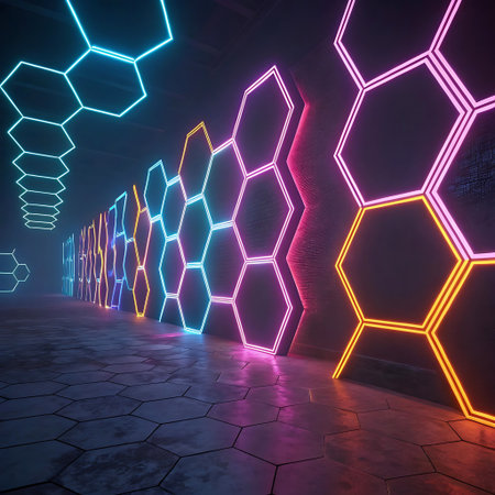 Abstract dark corridor with glowing neon hexagons. 3D Renderingの素材