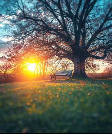 Sunset in the park with bench and old oak tree in backgroundの素材