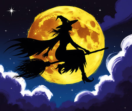 Halloween witch flying on the broomstick on the full moon backgroundの素材
