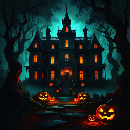 Halloween background with haunted house and pumpkins. Vector illustration.の素材