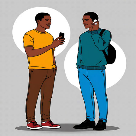 Two young men stand facing each other, engaged in conversation, one holding a smartphone while the other speaks on his mobile phone, showcasing modern communication.の素材