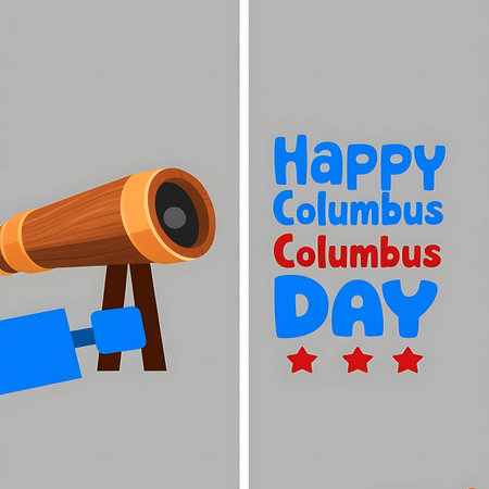 Happy columbus day text with stars and a telescopeの素材