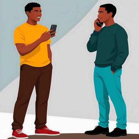 Two men stand opposite each other, one holding a smartphone and looking at it, the other speaking into his mobile phone, illustrating modern digital interaction.の素材