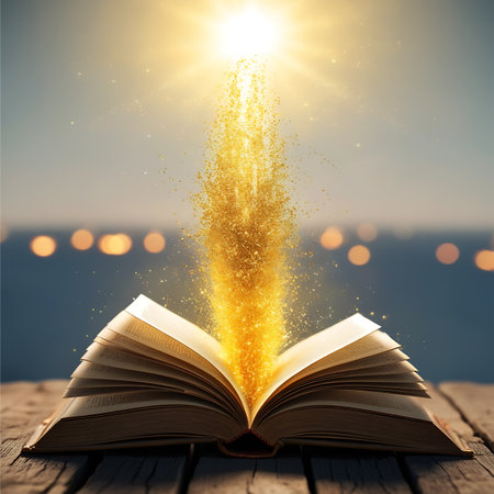 Open book with golden glittering rays on wooden deck over sea backgroundの素材