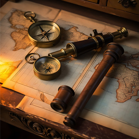 Compass, loupe and map on the table. Travel conceptの素材