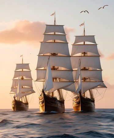 Three tall ships in the sea at sunset. 3D illustration.の素材
