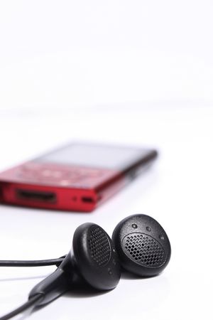 Red mp3 player on white backgroundの写真素材