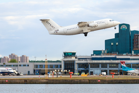 City Jet airplane taking off at London City Airportのeditorial素材
