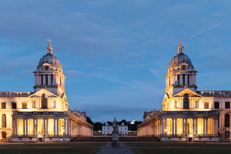 Beautifully lit Old Royal Naval College situated in Greenwich designed by Sir Christopher Wren. Photo is taken during late evening on 20th of May 2017.のeditorial素材