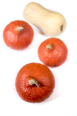 Red kuri squash and butternut squash isolated on white backgroundの写真素材