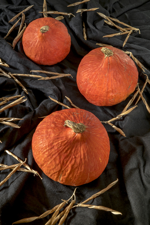 Red kuri squash on black tableclothの写真素材