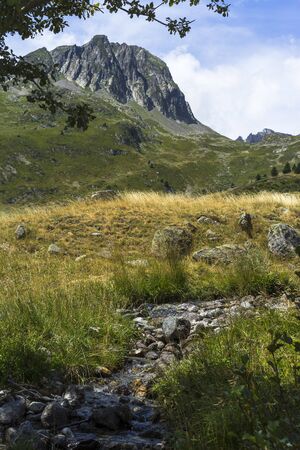 Mountains, fields and torrent. French Alpsの写真素材