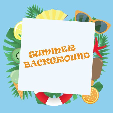 summer background with glasses, starfish, tropical leaves, lifebuoy, lemon, orange kiwi ice creamのイラスト素材