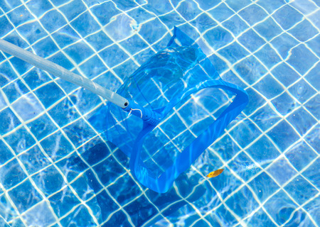 Cleaning and maintenance swimming pool of fall leaf by blue picker or skimmer.