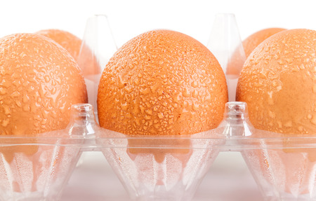 Raw eggs with water drops in plastic package on white background.