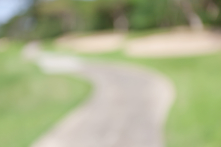 Blurred photo of pathway curving through green lawn in golf course.の写真素材