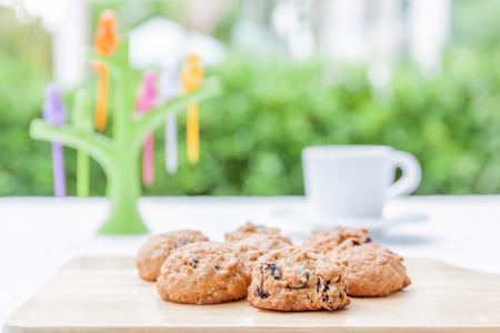 Oatmeal cookies served with hot coffee or tea in afternoon tea and blurred garden background.の写真素材