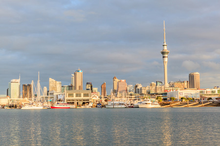 Auckland, New Zealand- December 9, 2013. Auckland city and sky tower view from the Westhaven Marina.のeditorial素材