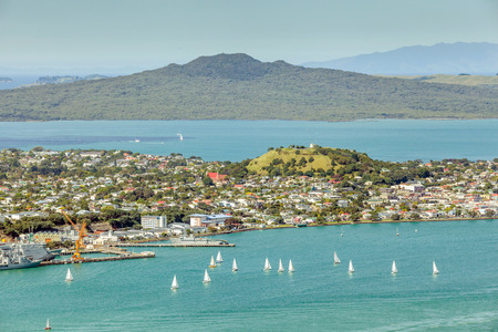 Auckland, New Zealand- December 12, 2013. Seascape view with sailboats from Auckland skyscraper.のeditorial素材