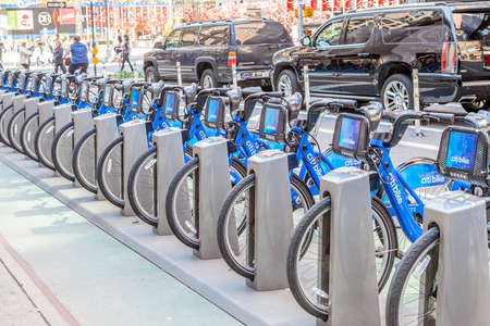 New York, USA- May 20, 2014. Citi Bike The Bicycle Rental of New York City for sharing Program in Bike Racks, New York, USA.のeditorial素材