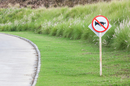 The warning sign do not use vehicle horn with flowering grass background of green golf course objective for do not disturbing golf players.の写真素材