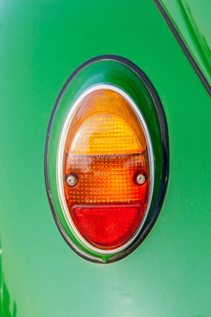 Bangkok, Thailand -February 11, 2017: Close-up tail lamp of classic beetle green Volkswagen the popular German car manufacture.のeditorial素材