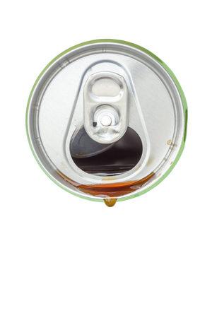 Top view of cola beverage over from the green aluminum beverage can on white background.の写真素材