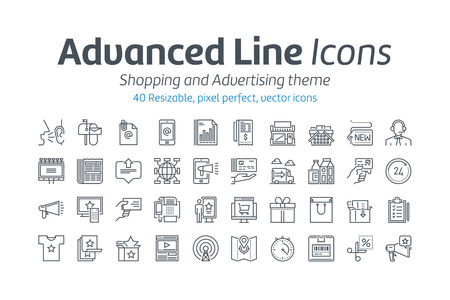 Shopping and advertising icon set suitable for info graphics, websites and print media. Black and white flat line icons.のイラスト素材