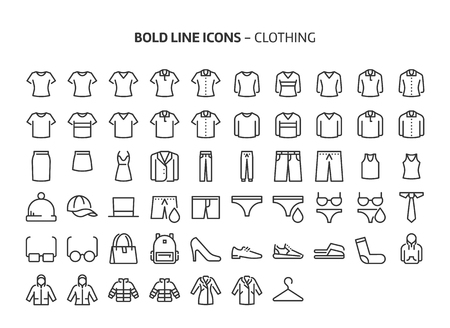 Clothing, bold line icons. The illustrations are a vector, editable stroke, 48x48 pixel perfect files. Crafted with precision and eye for quality.のイラスト素材