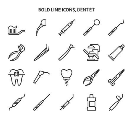 Dentist tools, bold line icons. The illustrations are a vector, editable stroke, 48x48 pixel perfect files. Crafted with precision and eye for quality.のイラスト素材