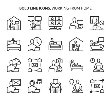 Working from home, bold line icons. The illustrations are a vector, editable stroke, 48x48 pixel perfect files. Crafted with precision and eye for quality.のイラスト素材