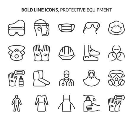 Protective equipment, bold line icons. The illustrations are a vector, editable stroke, 48x48 pixel perfect files. Crafted with precision and eye for quality.のイラスト素材