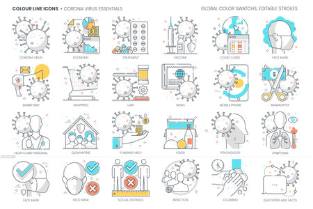 Corona virus related, color line, vector icon, illustration set. The set is about quarantine, biohazard, contamination, epidemic, fever, flu. The composition is infinitely scalable.のイラスト素材
