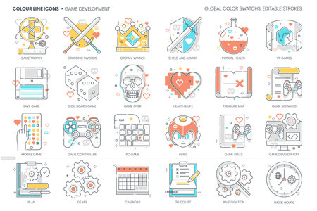 Game development related, color line, vector icon, illustration set. The set is about computer, virtual reality, board gaming, sprite, interface, mobile, coding, programming, console.のイラスト素材