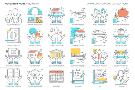 Protection related, color line, vector icon, illustration set. The set is about safe, damage, disaster, policy, industry, security, risk, help, service, property, safety, business, assurance.のイラスト素材