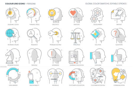 Persona related, color line, vector icon, illustration set. The set is about avatar, face, emotion, personality, new skills, male, female, neutral, man, woman, side profile.のイラスト素材