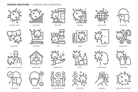 Coronavirus related, square line vector icon set for applications and website development. The set is about quarantine, biohazard, contamination, epidemic, fever, flu. Crafted with precision.のイラスト素材